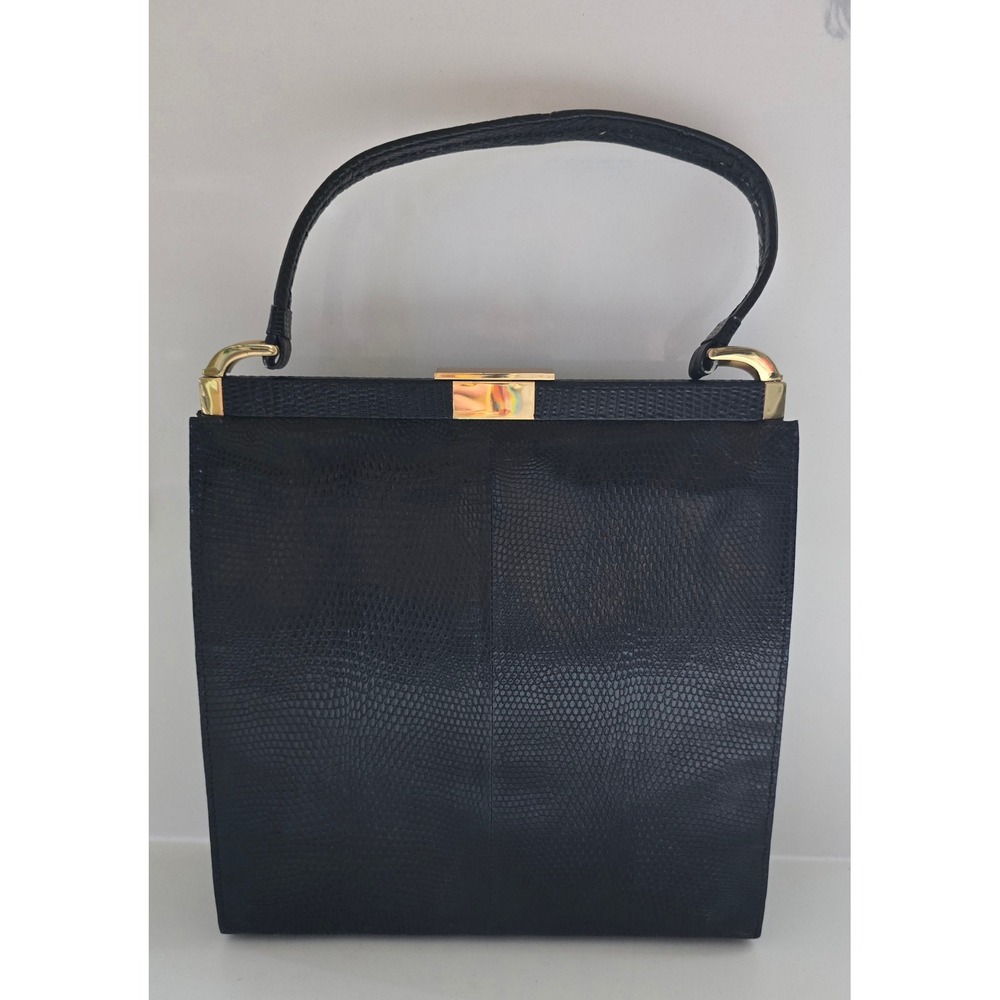 Vintage Black Lizard Embossed Leather Frame Handbag Gold Hardware Red Interior
